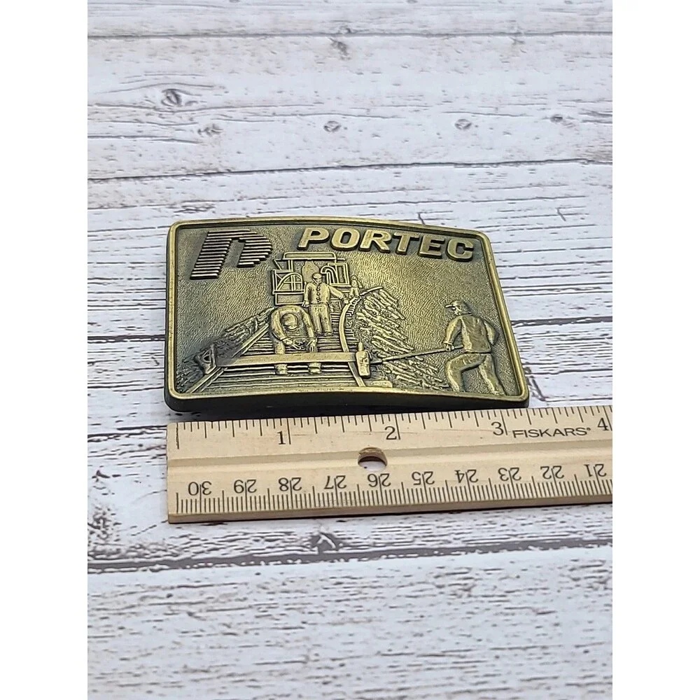 Vintage Portec Railroad Track Belt Buckle Construction Figural Gold Tone
